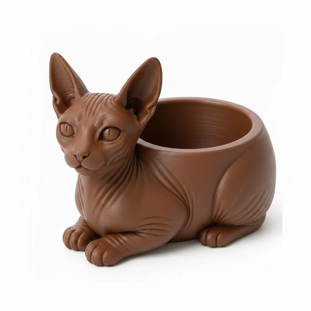 Mini ghiveci decorativ Pisica Sphynx, Suport Plante si Suculente - culoare Maro, imprimare 3D Vibecraft