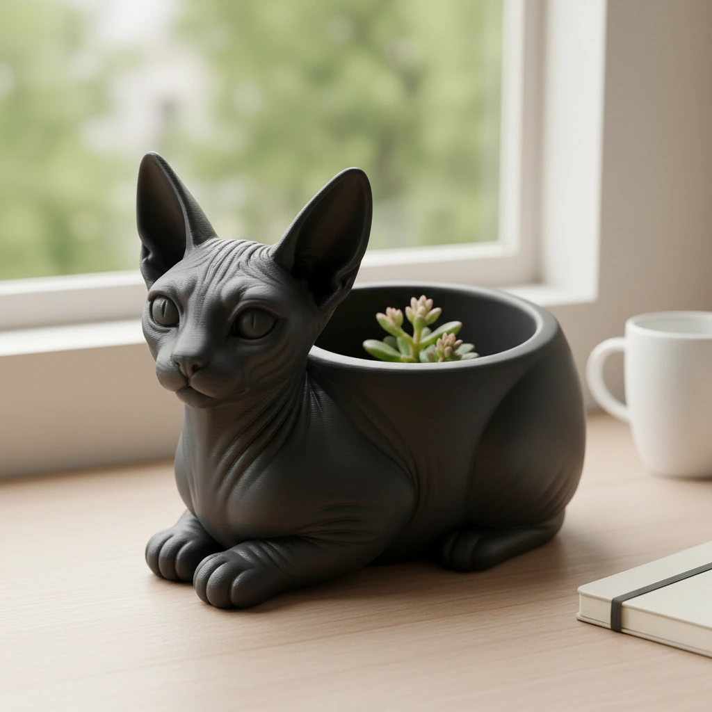 Mini ghiveci decorativ Pisica Sphynx, Suport Plante si Suculente - Negru compozit mat, imprimare 3D Vibecraft