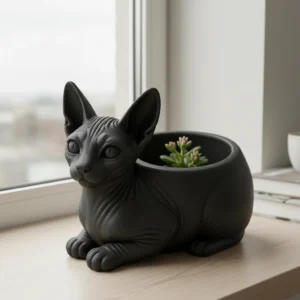 Mini ghiveci decorativ Pisica Sphynx, Suport Plante si Suculente - Negru compozit mat, imprimare 3D Vibecraft