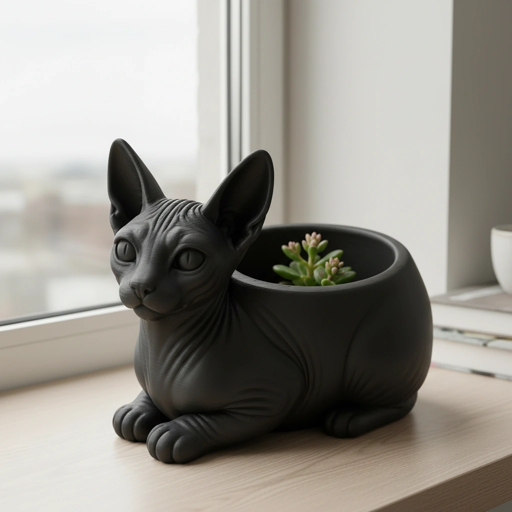 Mini ghiveci decorativ Pisica Sphynx, Suport Plante si Suculente - Negru compozit mat, imprimare 3D Vibecraft