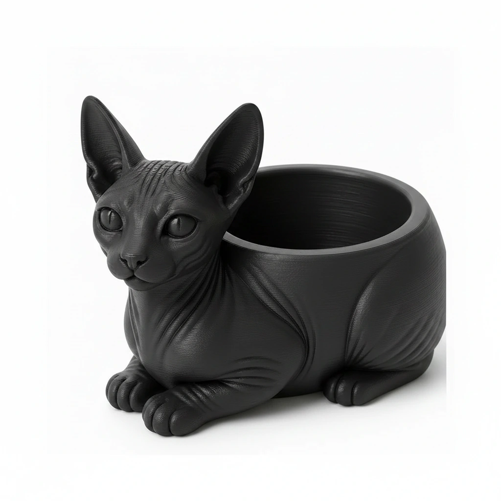 Mini ghiveci decorativ Pisica Sphynx, Suport Plante si Suculente - Negru compozit mat, imprimare 3D Vibecraft
