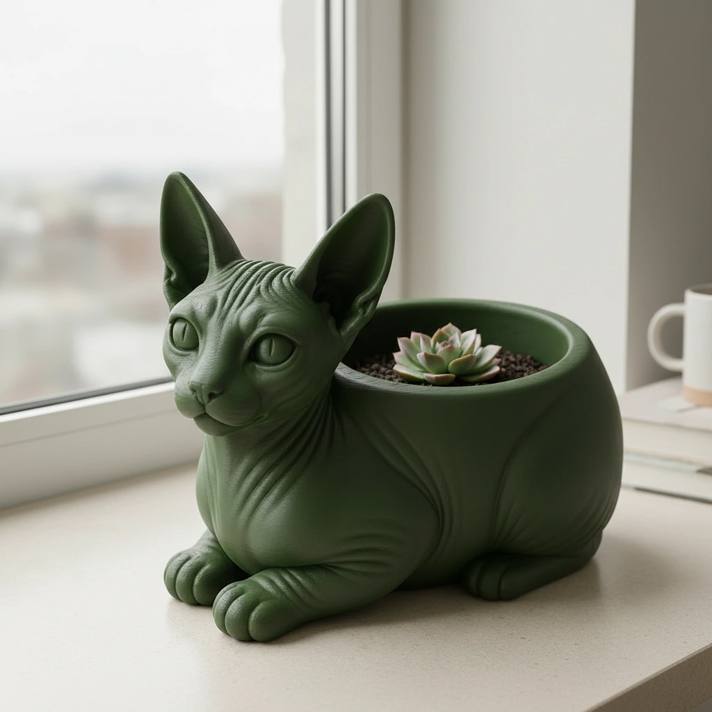 Mini ghiveci decorativ Pisica Sphynx, Suport Plante si Suculente - Olive green compozit mat, imprimare 3D Vibecraft