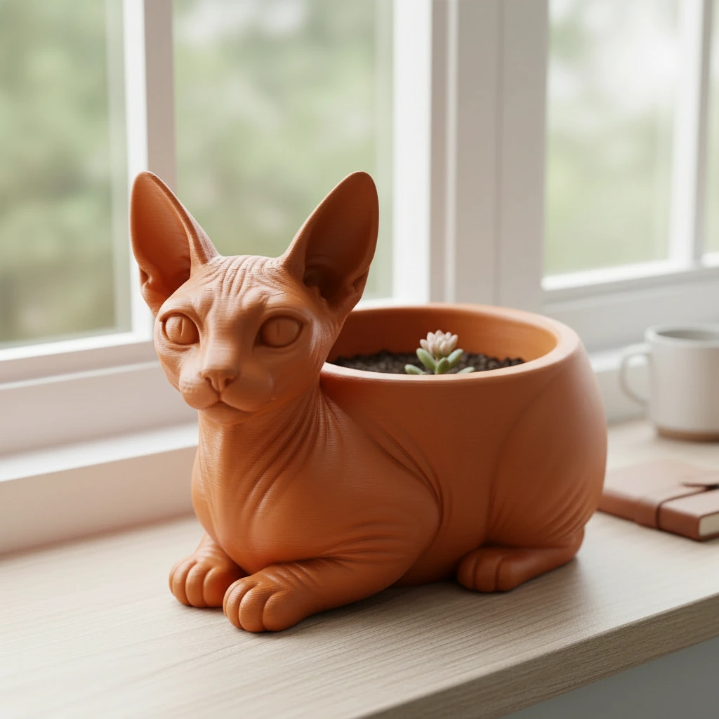 Mini ghiveci decorativ Pisica Sphynx, Suport Plante si Suculente - Orange compozit mat, imprimare 3D Vibecraft