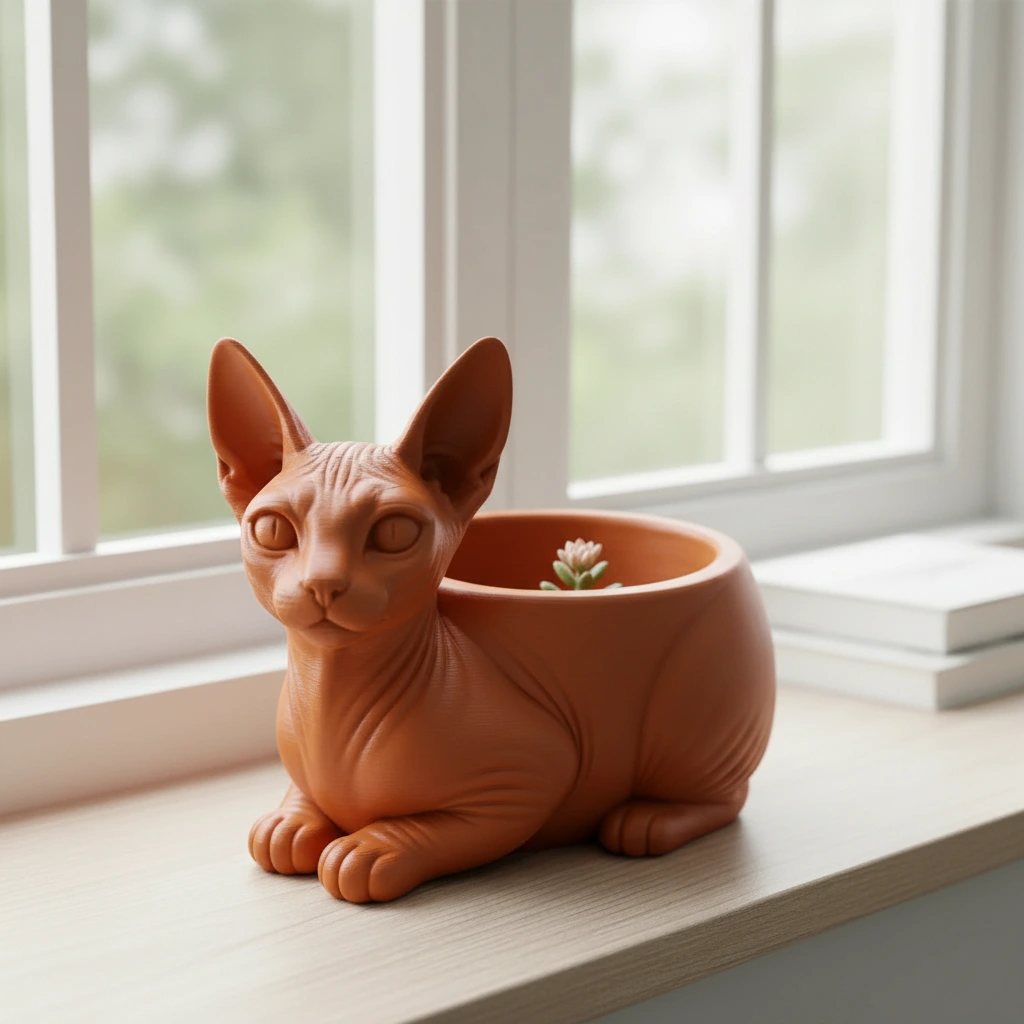 Mini ghiveci decorativ Pisica Sphynx, Suport Plante si Suculente - Orange compozit mat, imprimare 3D Vibecraft