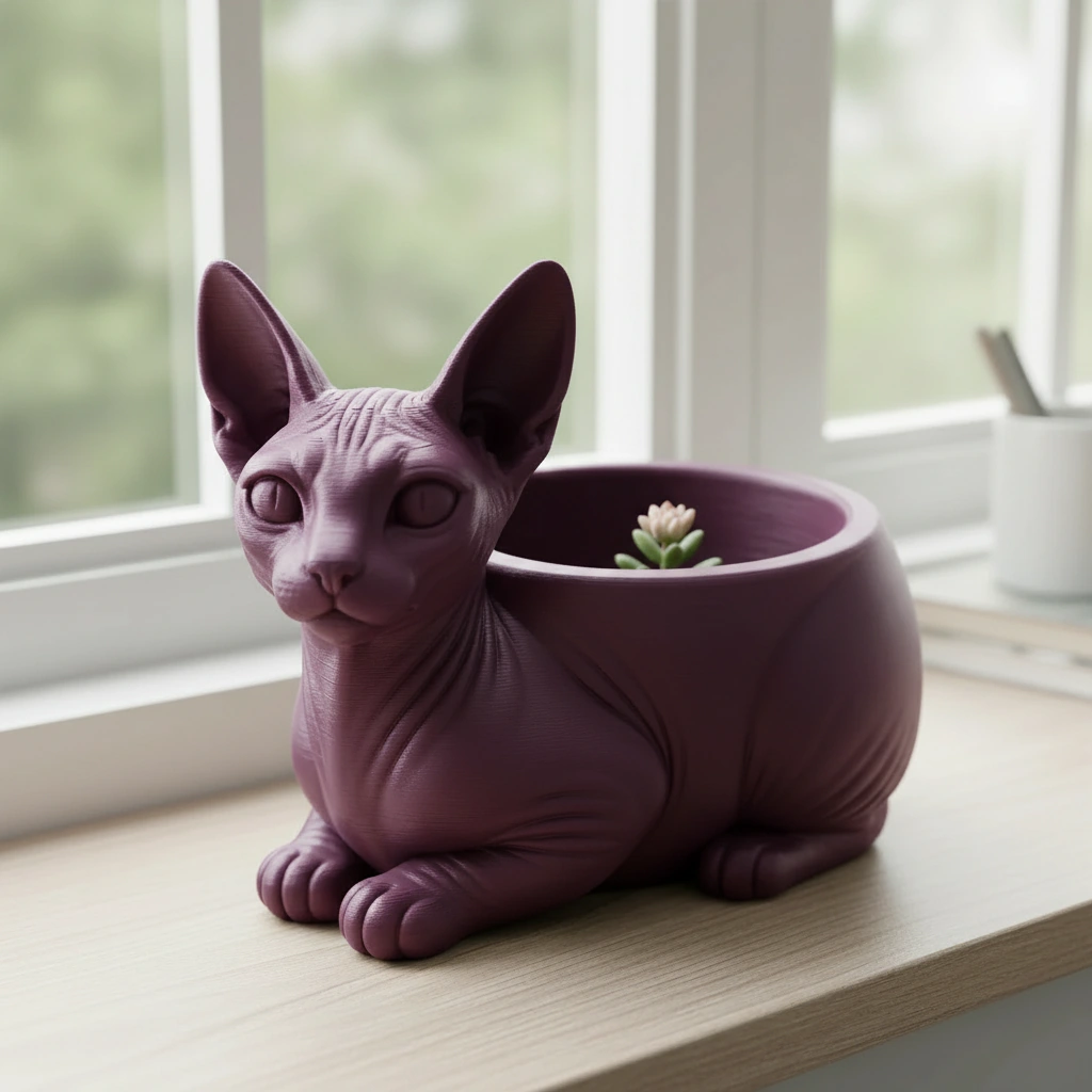 Mini ghiveci decorativ Pisica Sphynx, Suport Plante si Suculente - Purple red compozit mat, imprimare 3D Vibecraft