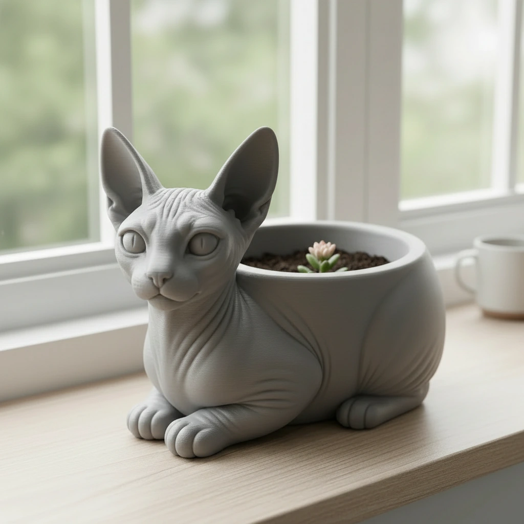 Mini ghiveci decorativ Pisica Sphynx, Suport Plante si Suculente - culoare Gri, imprimare 3D Vibecraft