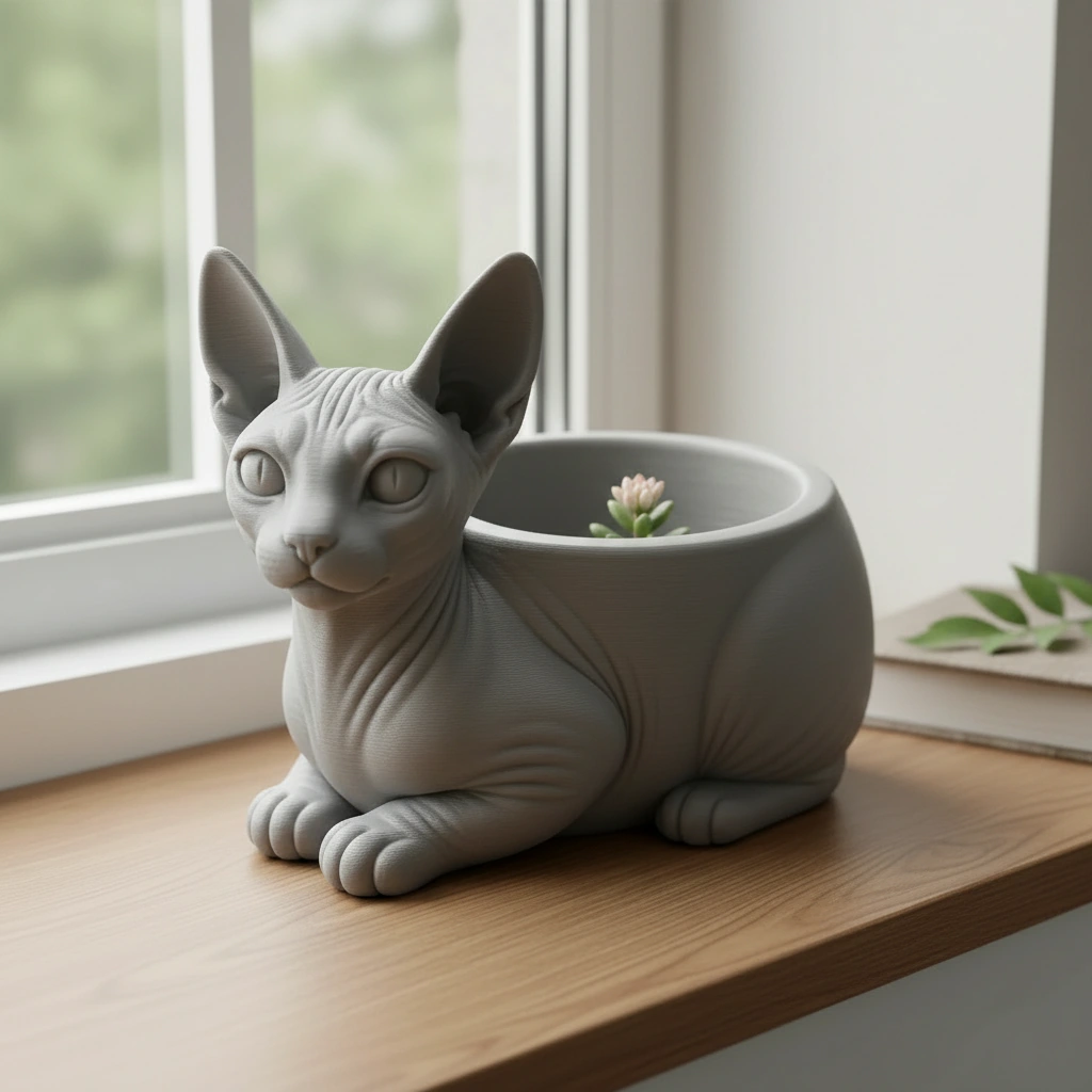 Mini ghiveci decorativ Pisica Sphynx, Suport Plante si Suculente - culoare Gri, imprimare 3D Vibecraft