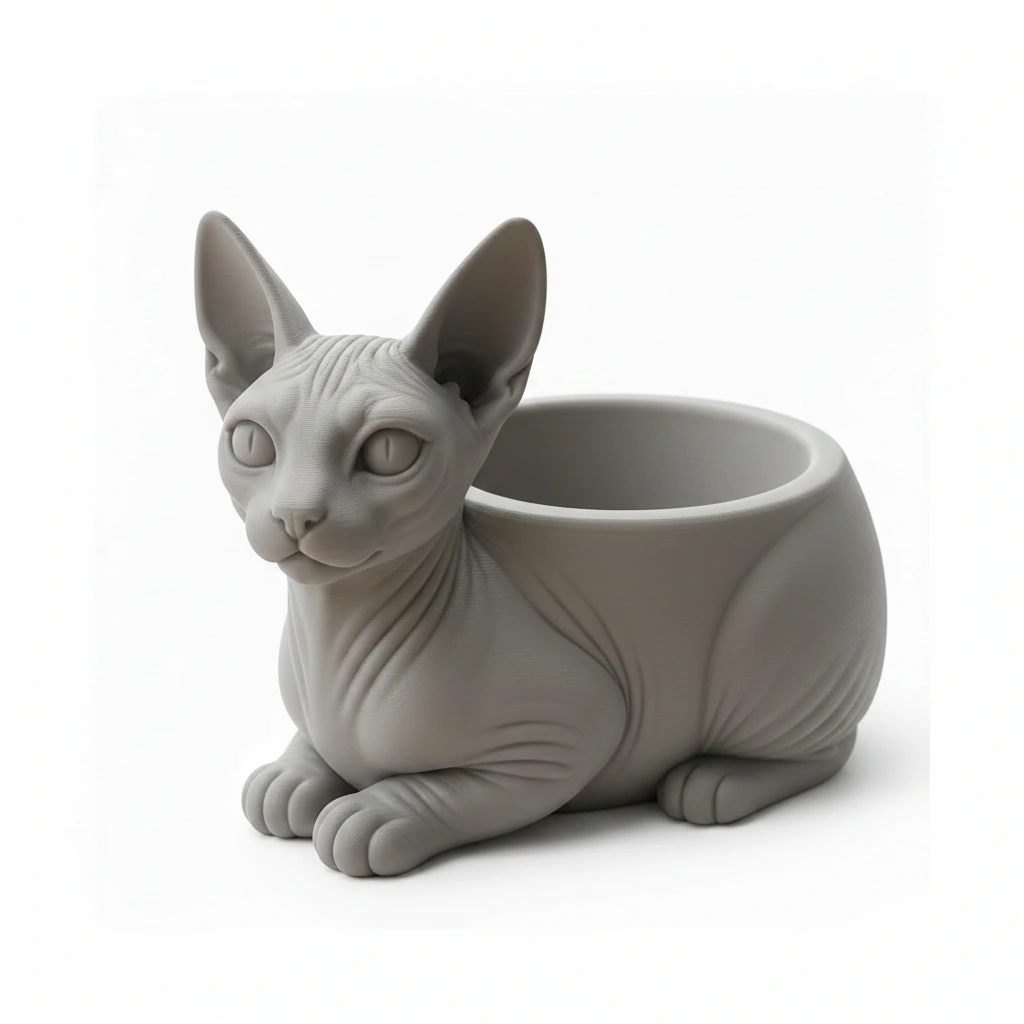 Mini ghiveci decorativ Pisica Sphynx, Suport Plante si Suculente - culoare Gri, imprimare 3D Vibecraft