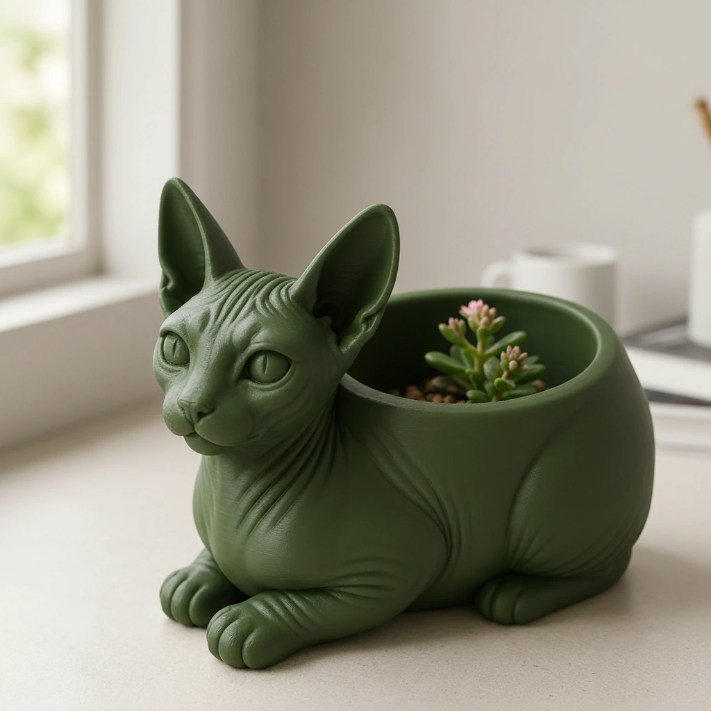 Mini ghiveci decorativ Pisica Sphynx, Suport Plante si Suculente - culoare Verde, imprimare 3D Vibecraft