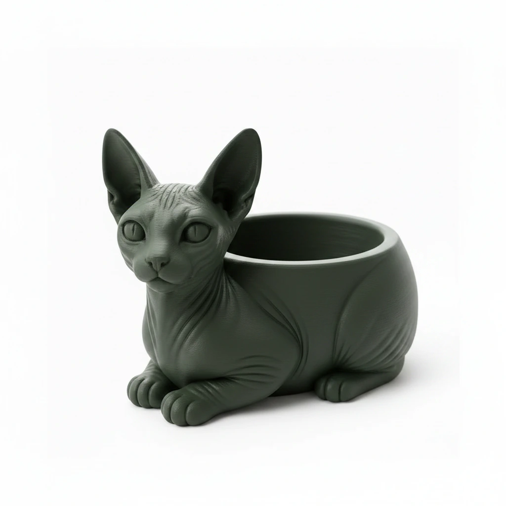 Mini ghiveci decorativ Pisica Sphynx, Suport Plante si Suculente - culoare Verde, imprimare 3D Vibecraft