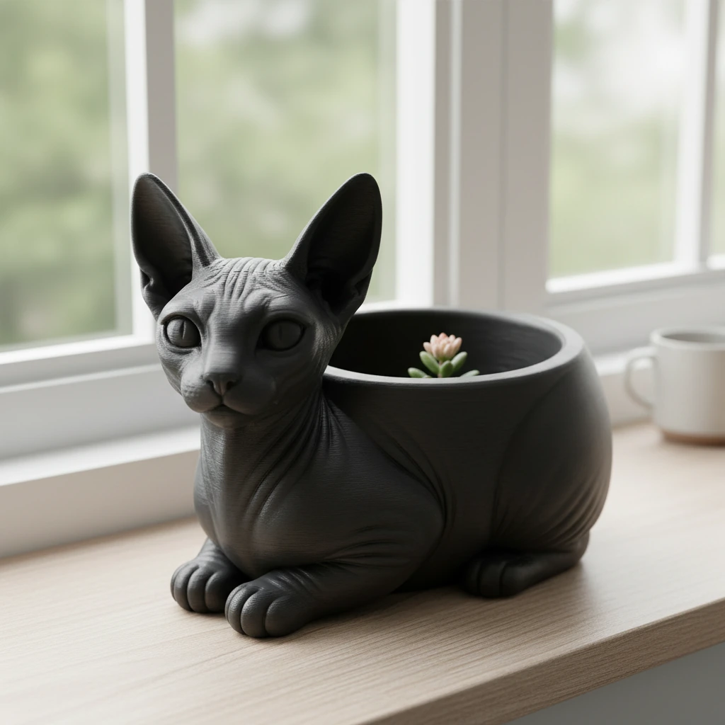 Mini ghiveci decorativ Pisica Sphynx, Suport Plante si Suculente - variante de culoare, produs imprimat 3D Vibecraft