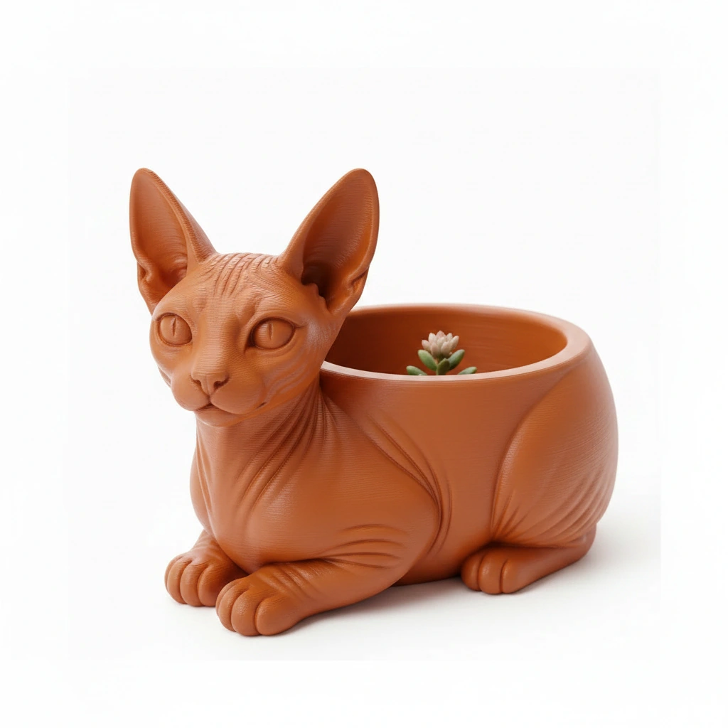 Mini ghiveci decorativ Pisica Sphynx, Suport Plante si Suculente - culoare Portocaliu, imprimare 3D Vibecraft