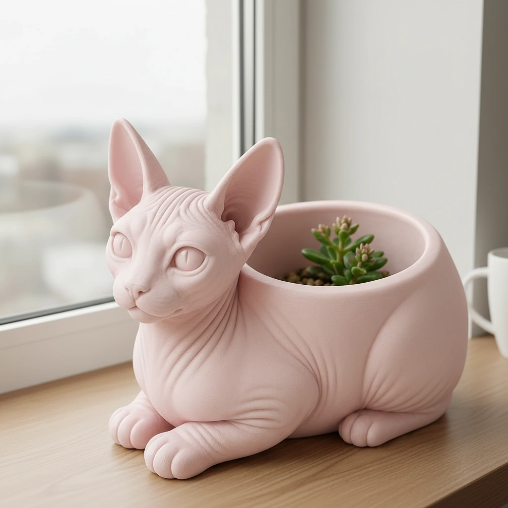 Mini ghiveci decorativ Pisica Sphynx, Suport Plante si Suculente - culoare Roz, imprimare 3D Vibecraft