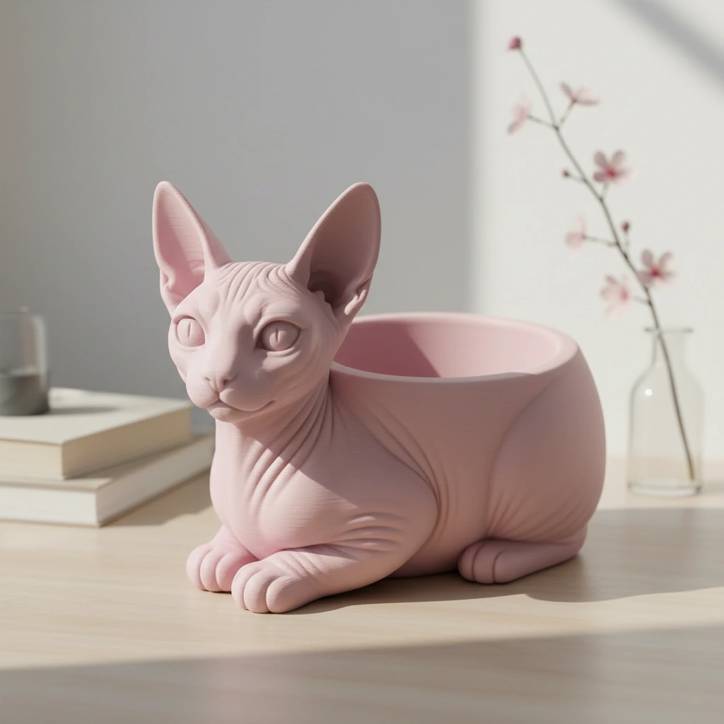 Mini ghiveci decorativ Pisica Sphynx, Suport Plante si Suculente - culoare Roz, imprimare 3D Vibecraft