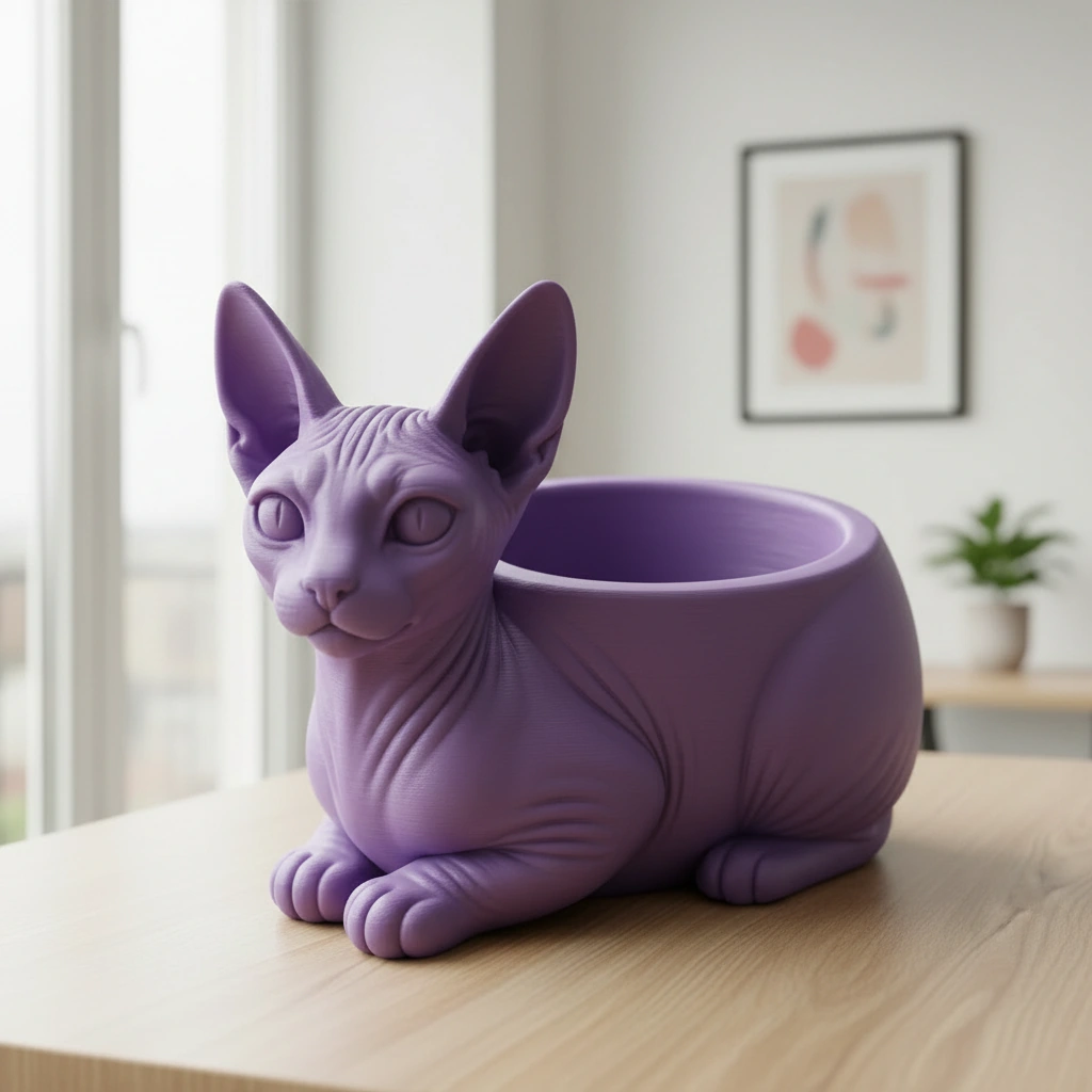 Mini ghiveci decorativ Pisica Sphynx, Suport Plante si Suculente - culoare Mov, imprimare 3D Vibecraft