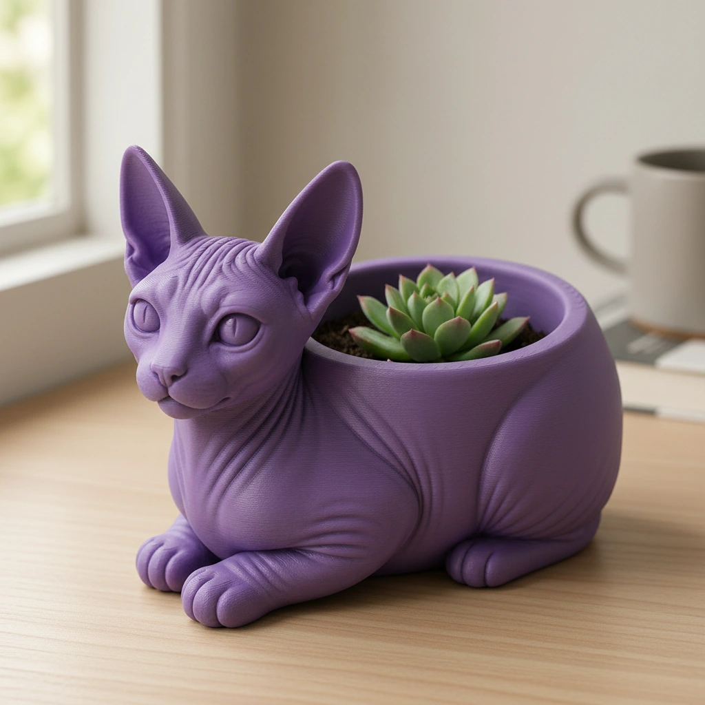 Mini ghiveci decorativ Pisica Sphynx, Suport Plante si Suculente - culoare Mov, imprimare 3D Vibecraft