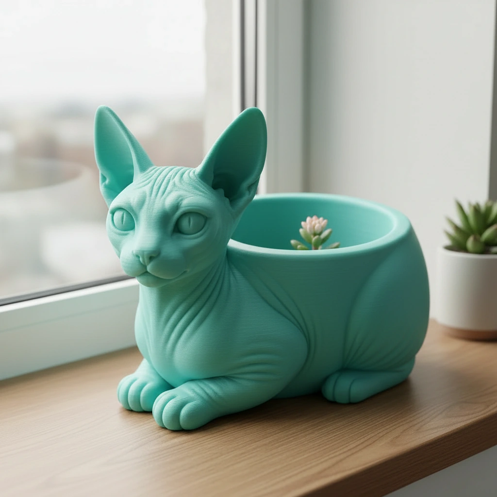 Mini ghiveci decorativ Pisica Sphynx, Suport Plante si Suculente - culoare Albastru verzui, imprimare 3D Vibecraft
