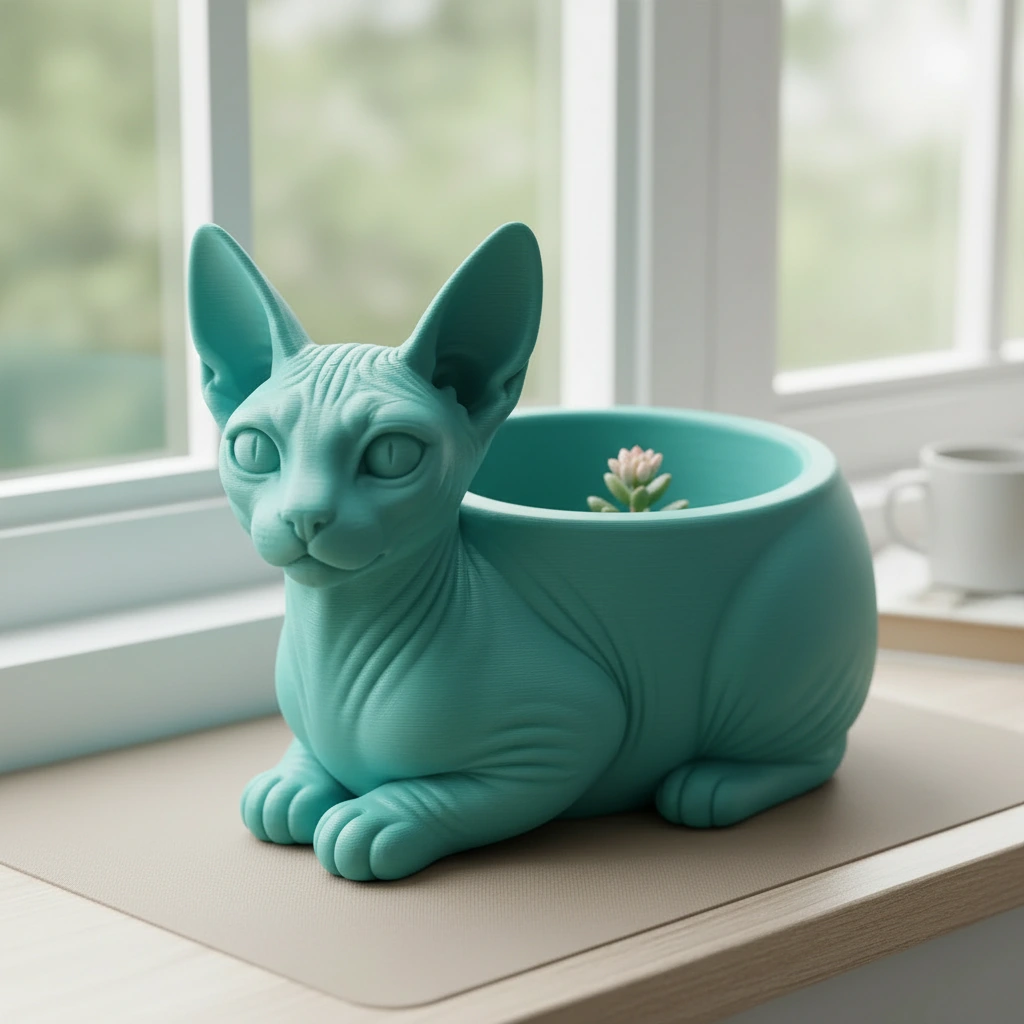 Mini ghiveci decorativ Pisica Sphynx, Suport Plante si Suculente - culoare Albastru verzui, imprimare 3D Vibecraft