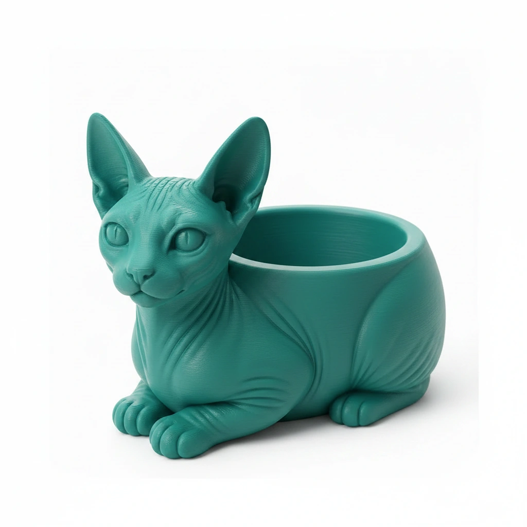 Mini ghiveci decorativ Pisica Sphynx, Suport Plante si Suculente - culoare Albastru verzui, imprimare 3D Vibecraft