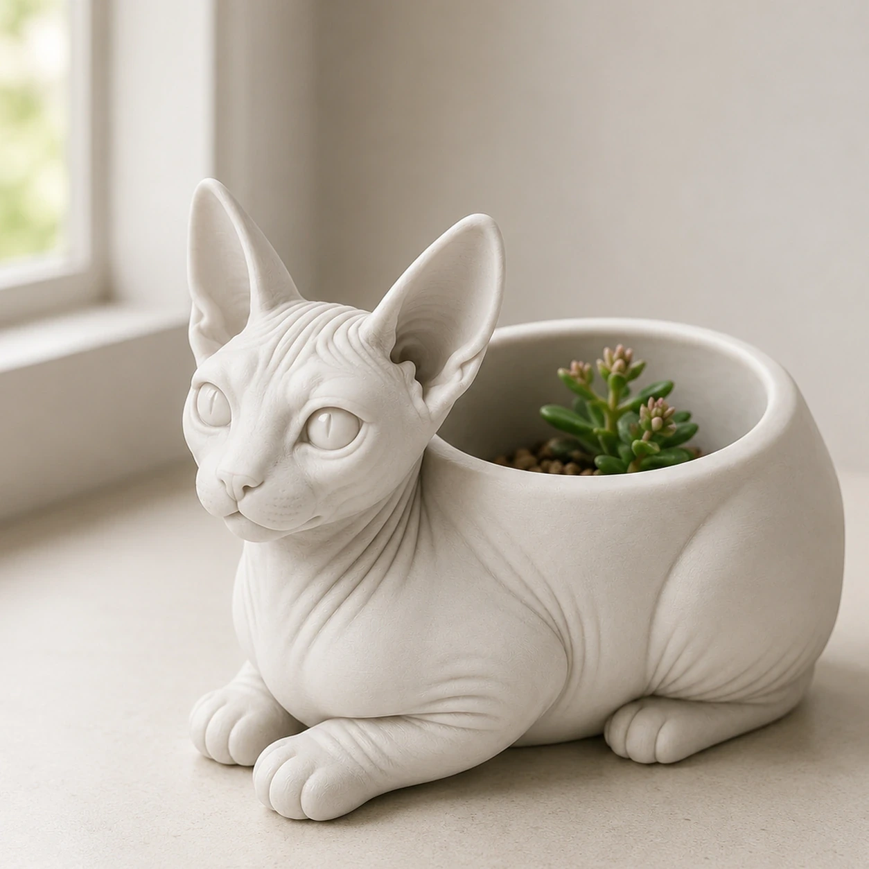Mini ghiveci decorativ Pisica Sphynx, Suport Plante si Suculente - culoare Alb, produs imprimat 3D Vibecraft