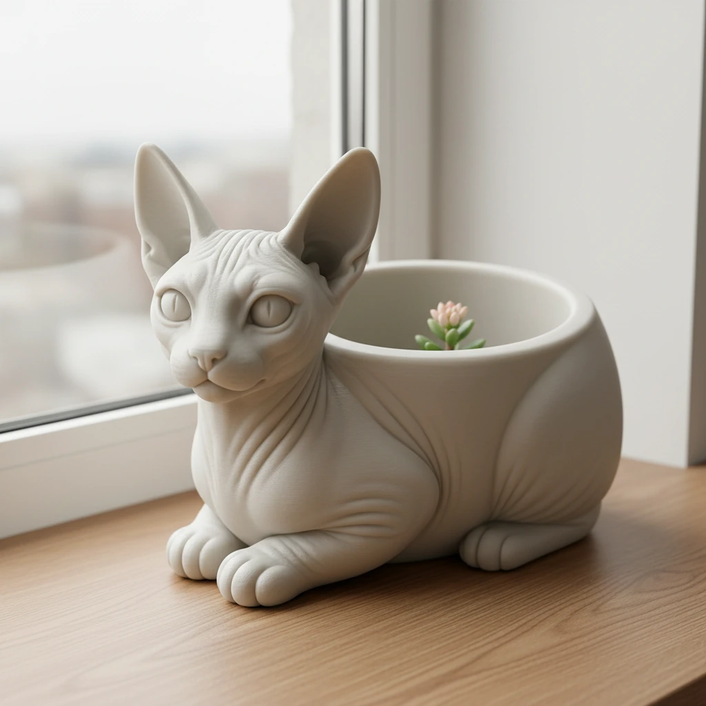 Mini ghiveci decorativ Pisica Sphynx, Suport Plante si Suculente - culoare Alb, produs imprimat 3D Vibecraft