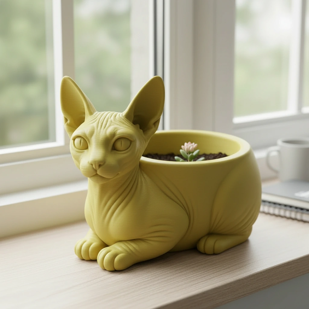Mini ghiveci decorativ Pisica Sphynx, Suport Plante si Suculente - culoare Galben, imprimare 3D Vibecraft
