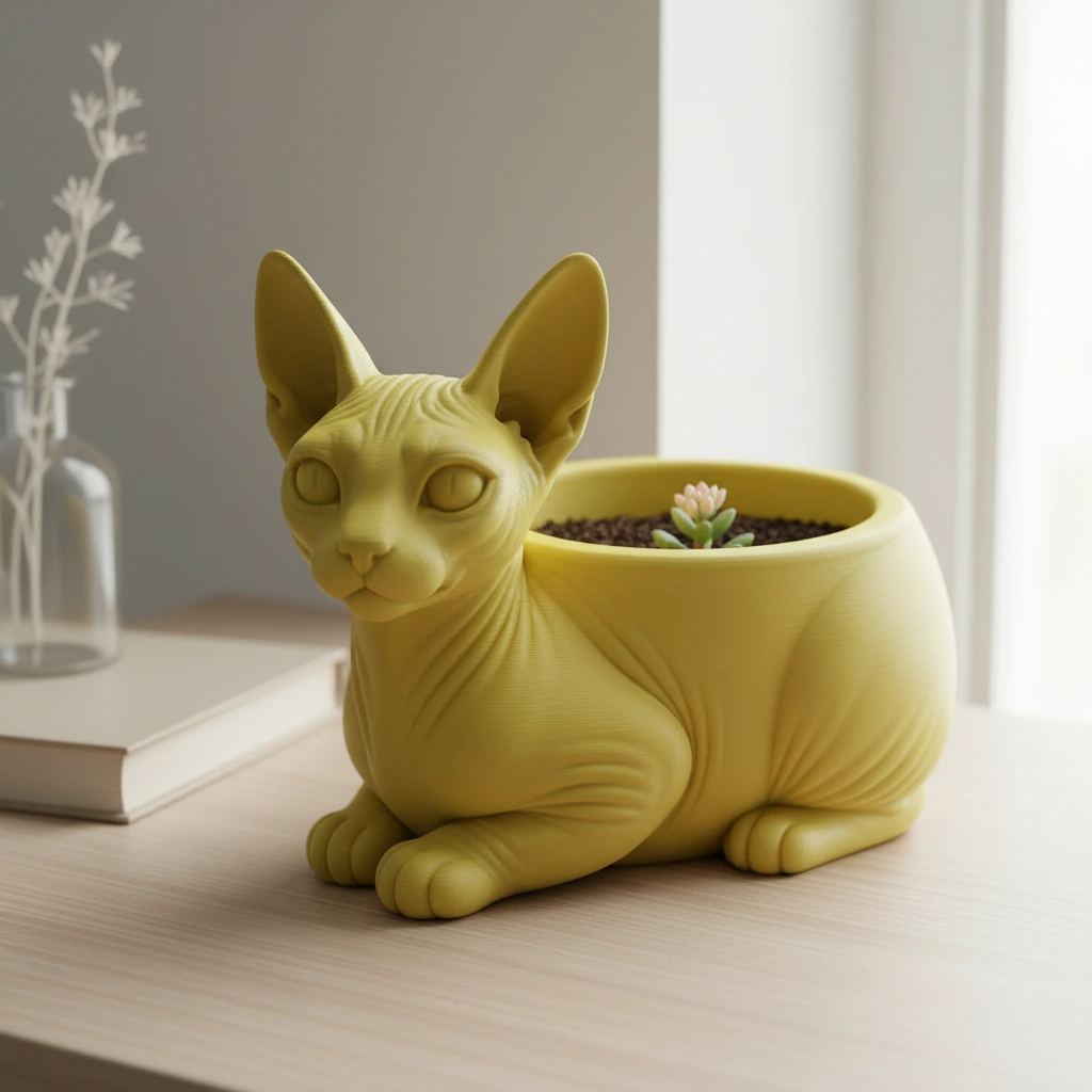 Mini ghiveci decorativ Pisica Sphynx, Suport Plante si Suculente - culoare Galben, imprimare 3D Vibecraft