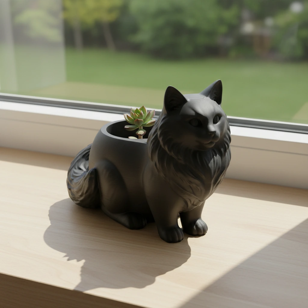 Ghiveci Decorativ Pisica Norvegiană de Pădure pentru Plante Mici - culoare Negru, produs imprimat 3D Vibecraft