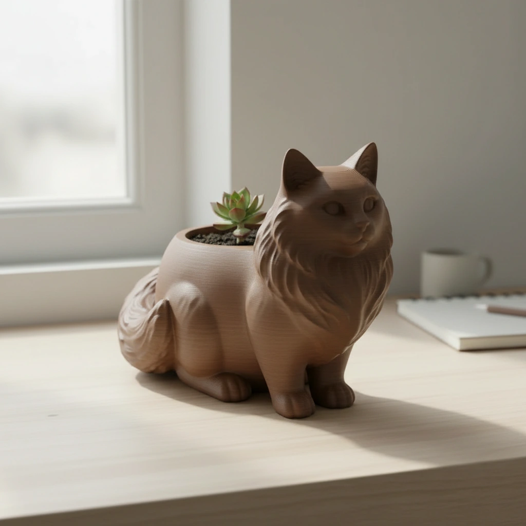 Ghiveci Decorativ Pisica Norvegiană de Pădure pentru Plante Mici - culoare Maro, imprimare 3D Vibecraft