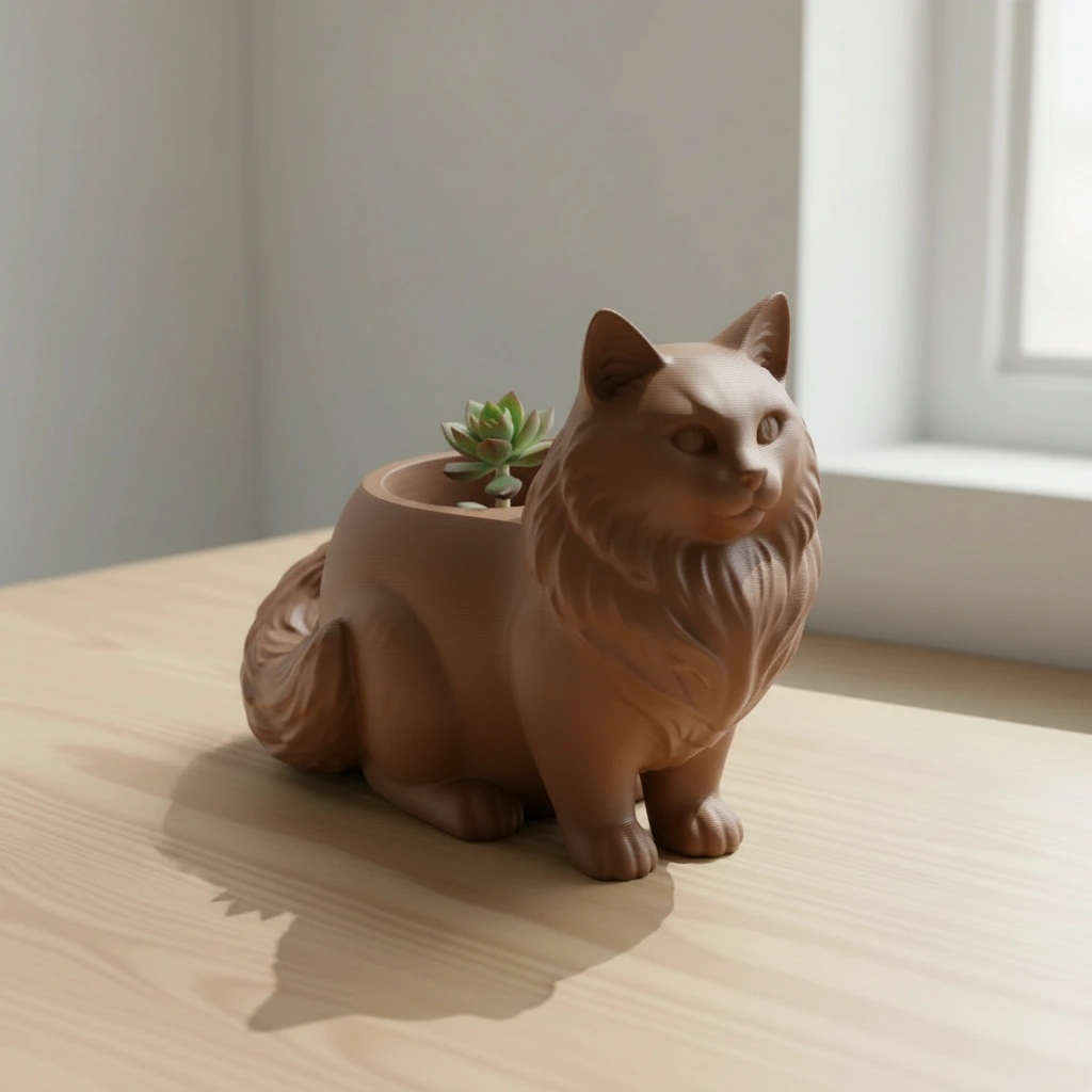 Ghiveci Decorativ Pisica Norvegiană de Pădure pentru Plante Mici - culoare Maro, imprimare 3D Vibecraft