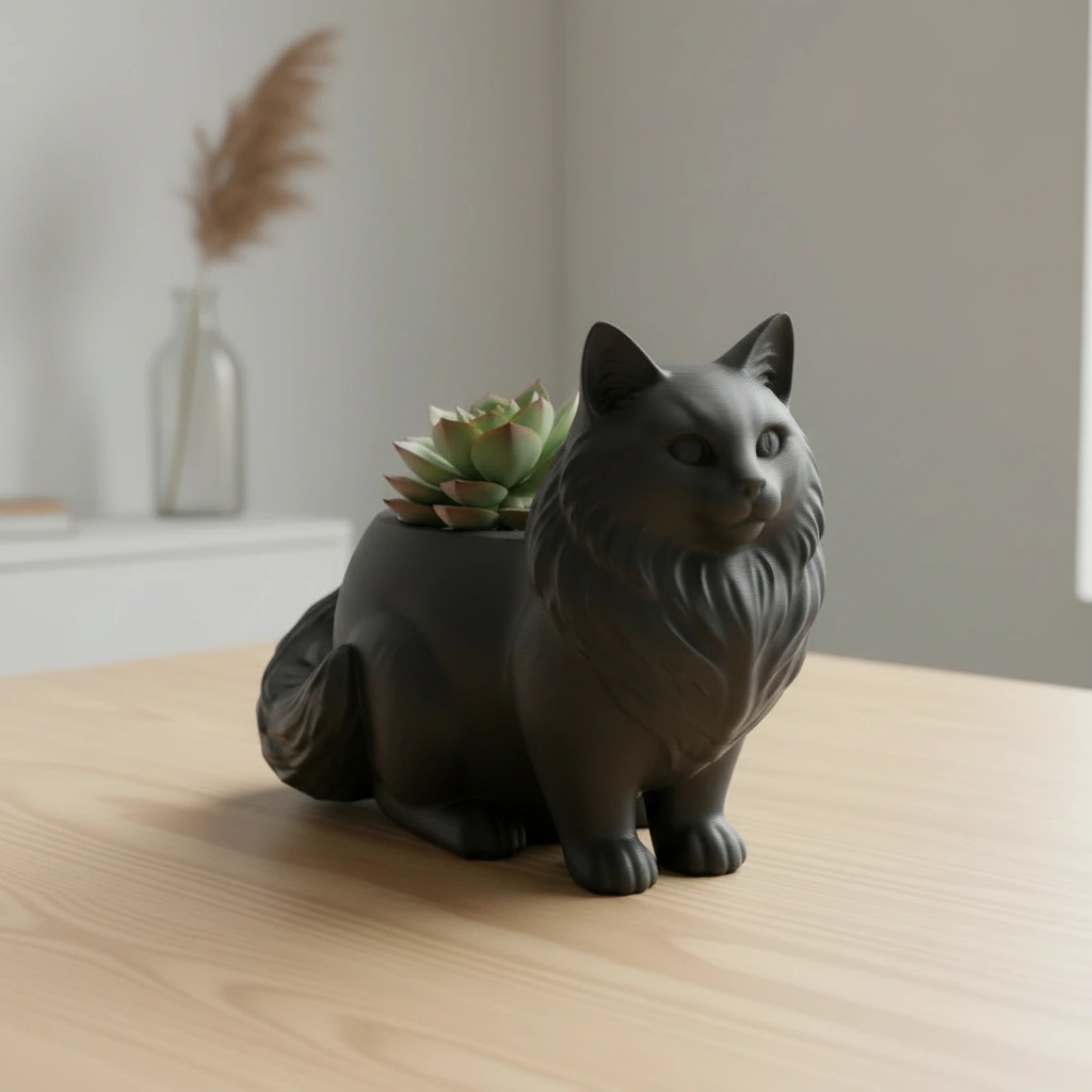 Ghiveci Decorativ Pisica Norvegiană de Pădure pentru Plante Mici - Negru compozit mat, imprimare 3D Vibecraft