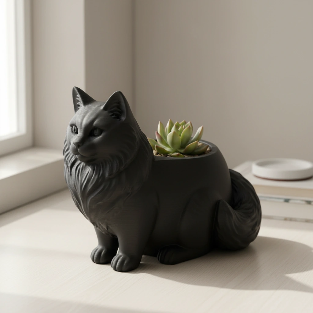 Ghiveci Decorativ Pisica Norvegiană de Pădure pentru Plante Mici - Negru compozit mat, imprimare 3D Vibecraft