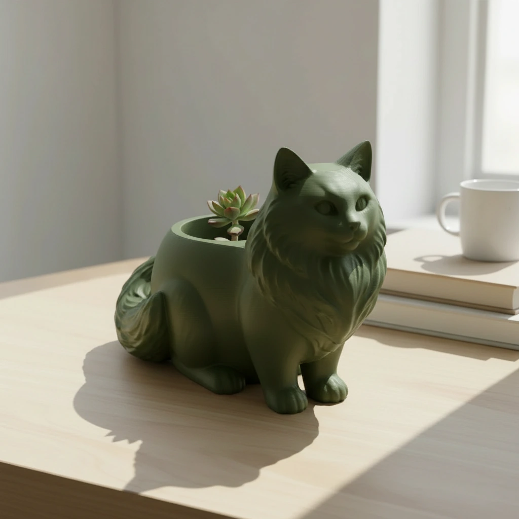 Ghiveci Decorativ Pisica Norvegiană de Pădure pentru Plante Mici - Olive green compozit mat, imprimare 3D Vibecraft