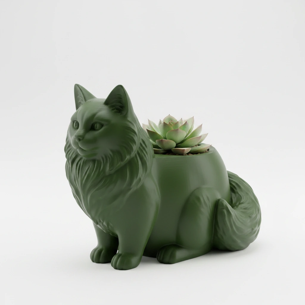 Ghiveci Decorativ Pisica Norvegiană de Pădure pentru Plante Mici - Olive green compozit mat, imprimare 3D Vibecraft