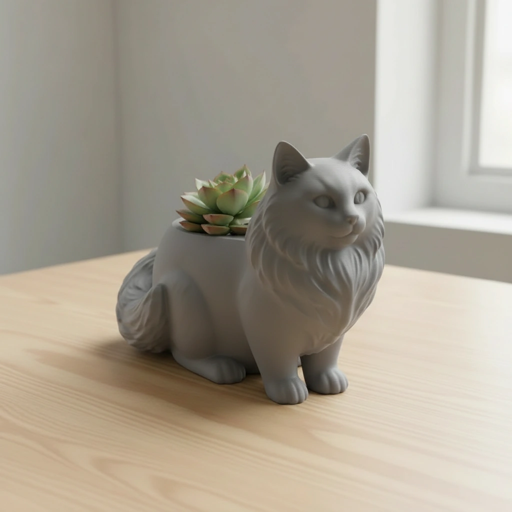 Ghiveci Decorativ Pisica Norvegiană de Pădure pentru Plante Mici - culoare Gri, imprimare 3D Vibecraft