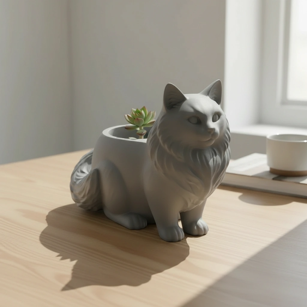 Ghiveci Decorativ Pisica Norvegiană de Pădure pentru Plante Mici - culoare Gri, imprimare 3D Vibecraft
