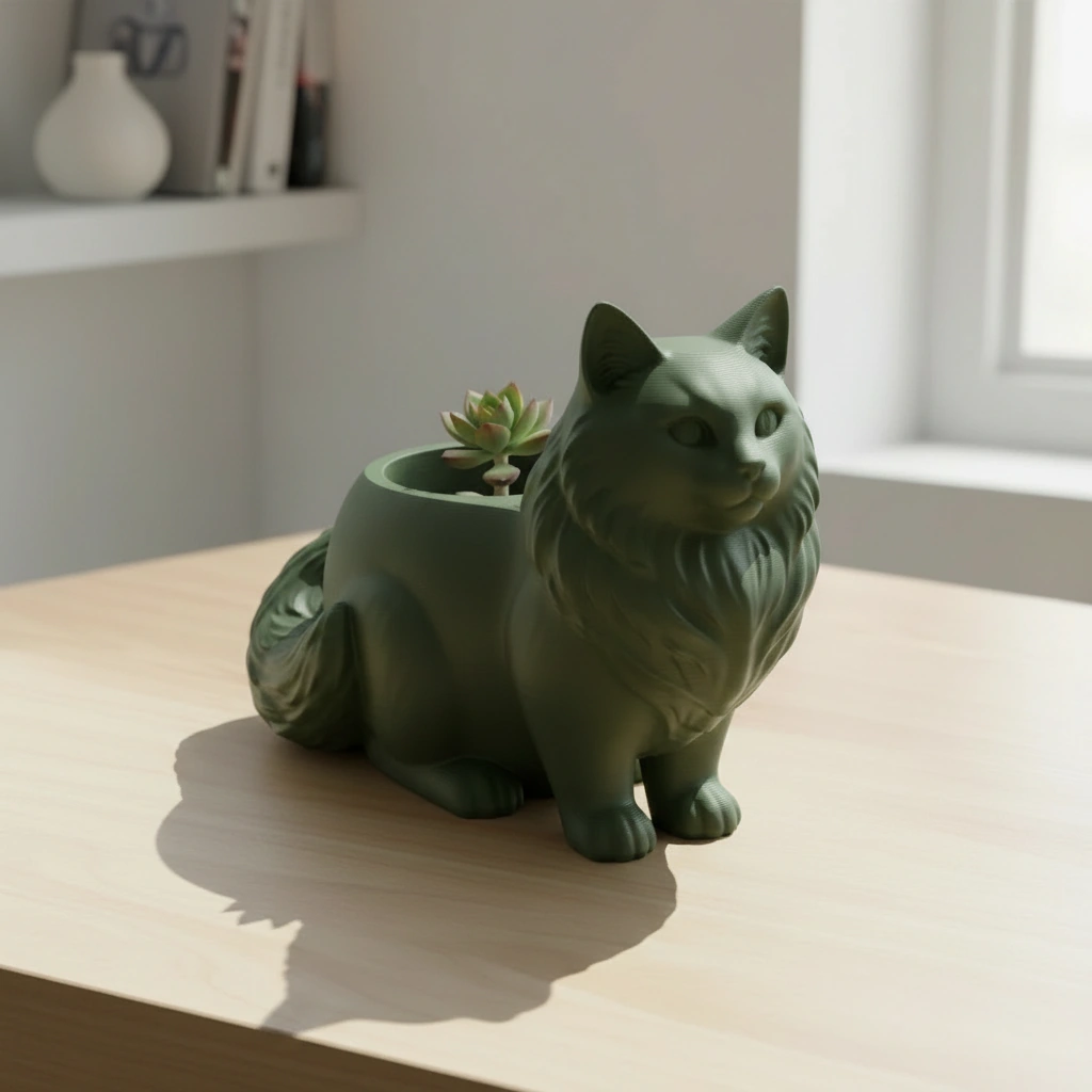 Ghiveci Decorativ Pisica Norvegiană de Pădure pentru Plante Mici - culoare Verde, imprimare 3D Vibecraft