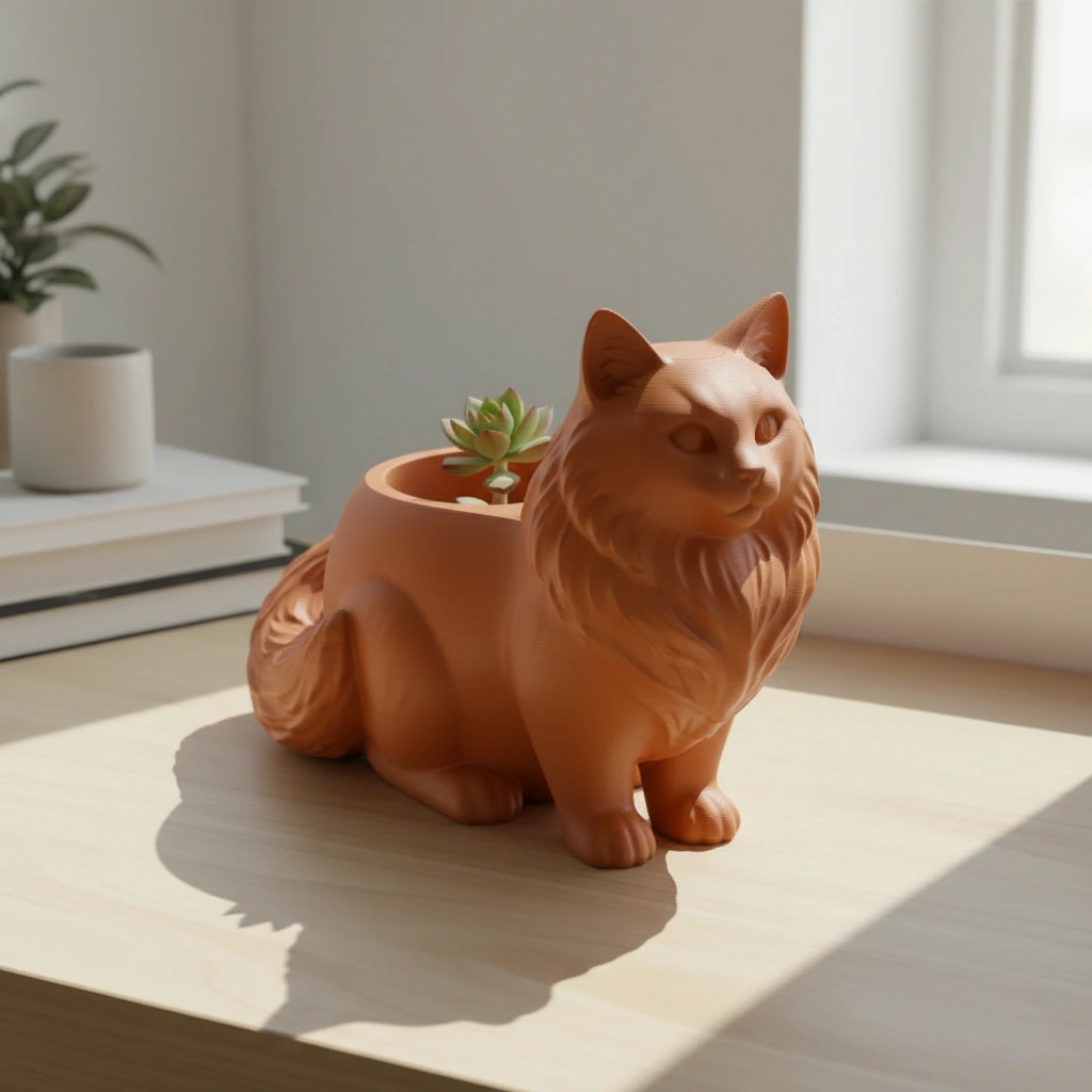 Ghiveci Decorativ Pisica Norvegiană de Pădure pentru Plante Mici - culoare Portocaliu, imprimare 3D Vibecraft