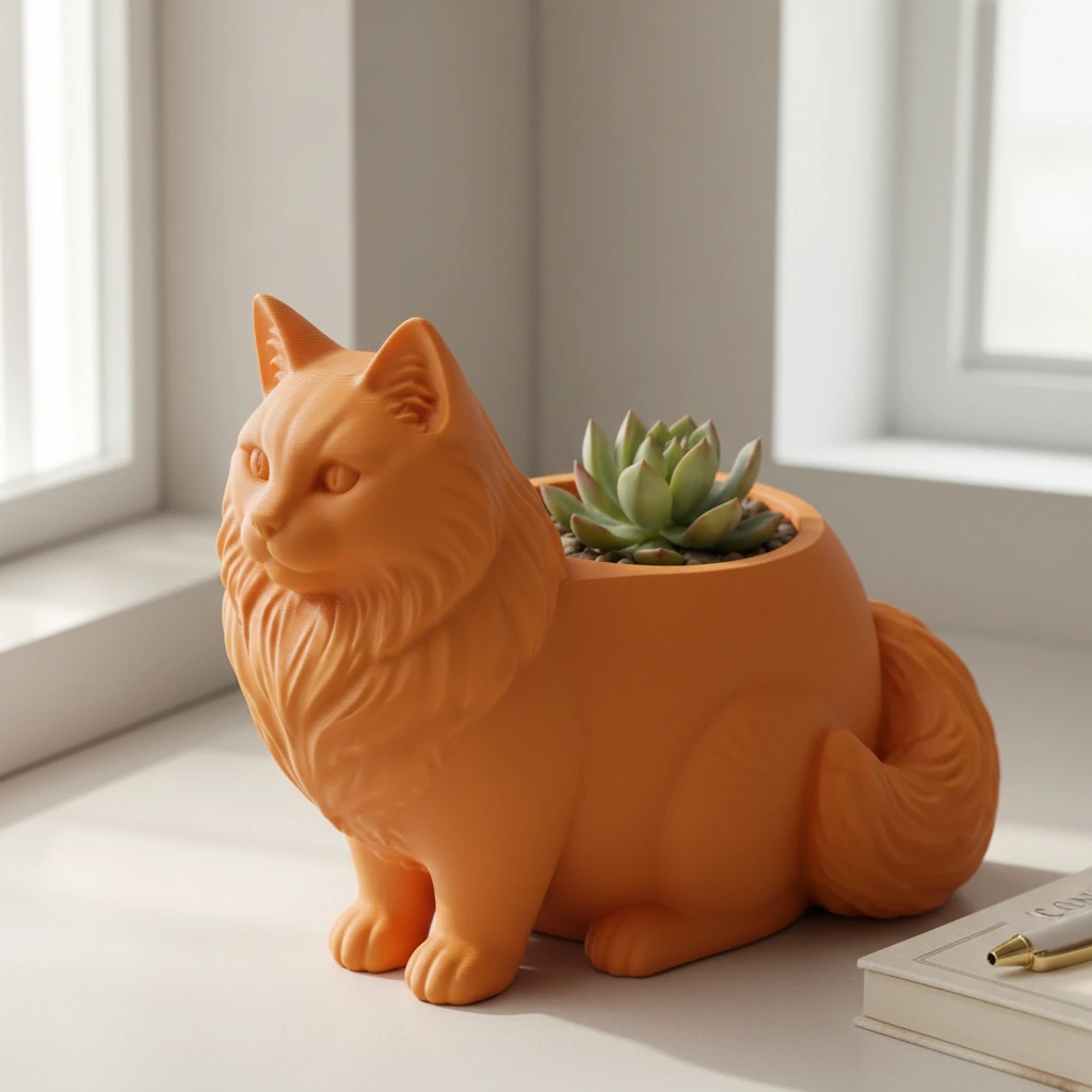 Ghiveci Decorativ Pisica Norvegiană de Pădure pentru Plante Mici - culoare Portocaliu, imprimare 3D Vibecraft