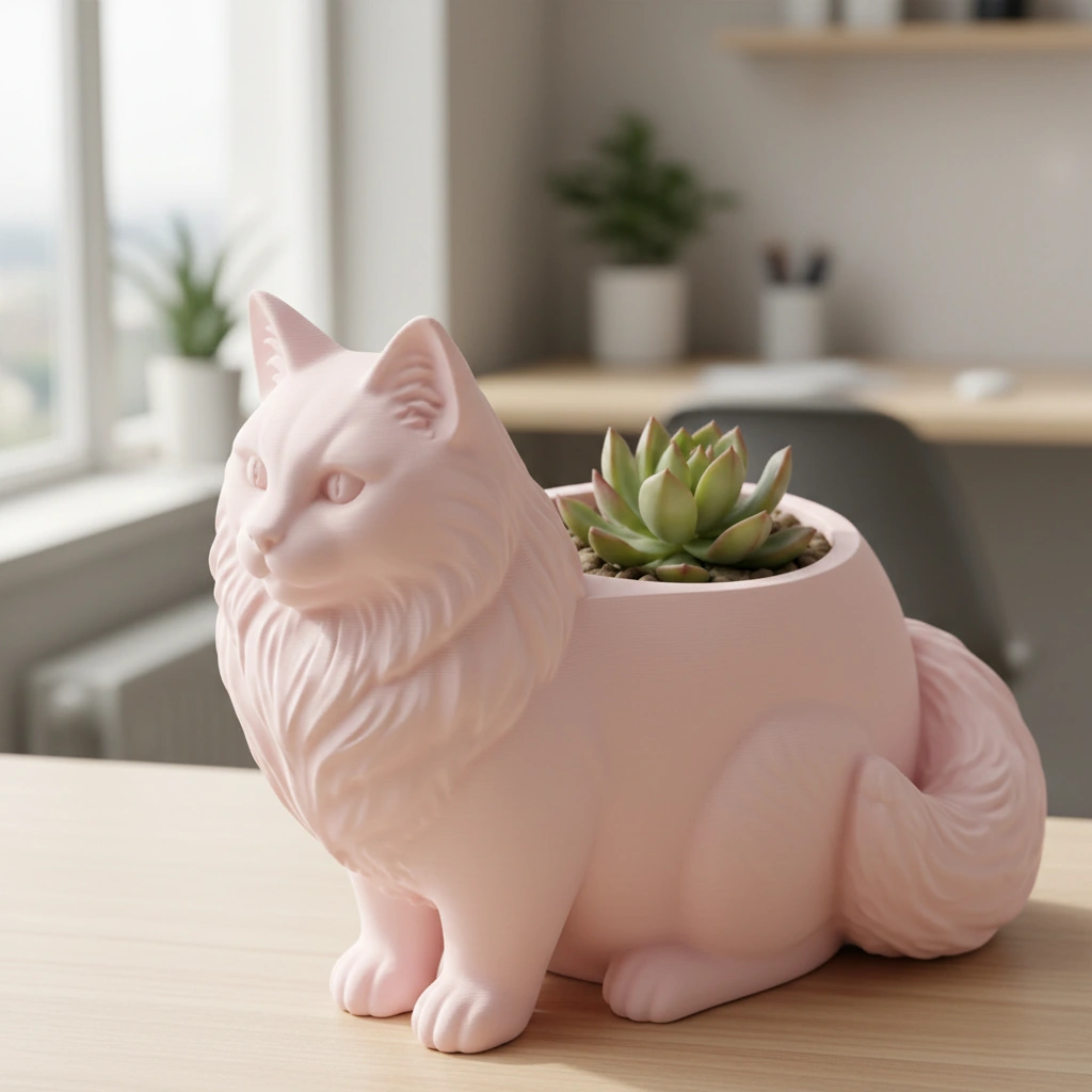 Ghiveci Decorativ Pisica Norvegiană de Pădure pentru Plante Mici - culoare Roz, imprimare 3D Vibecraft