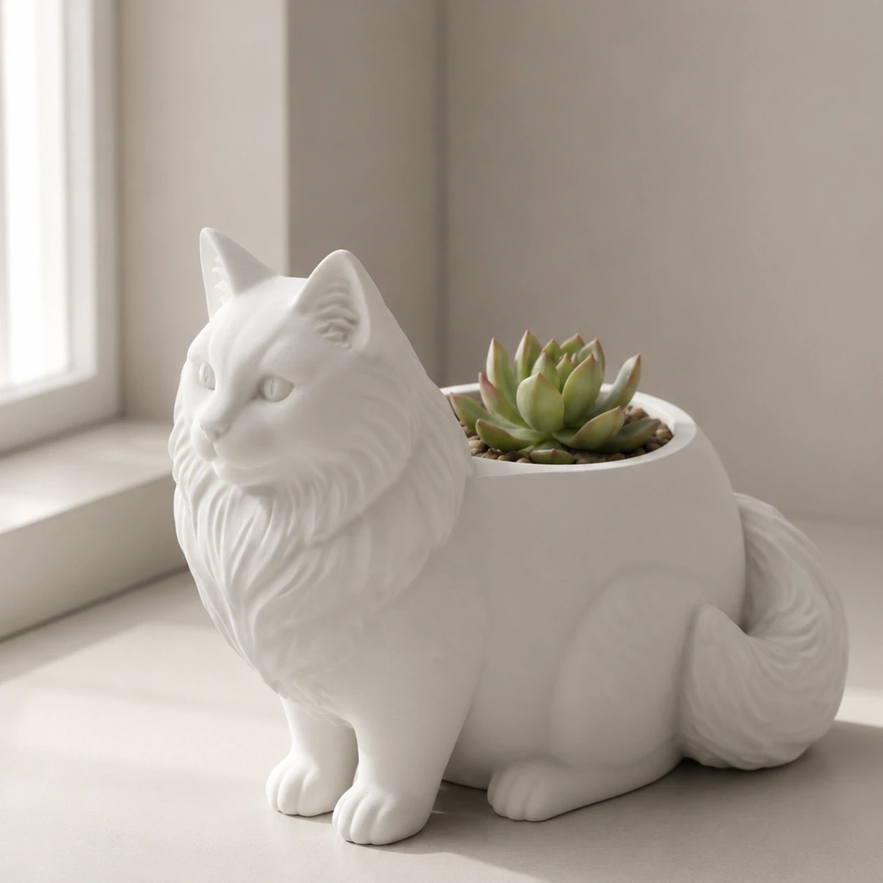 Ghiveci Decorativ Pisica Norvegiană de Pădure pentru Plante Mici - culoare Alb, produs imprimat 3D Vibecraft