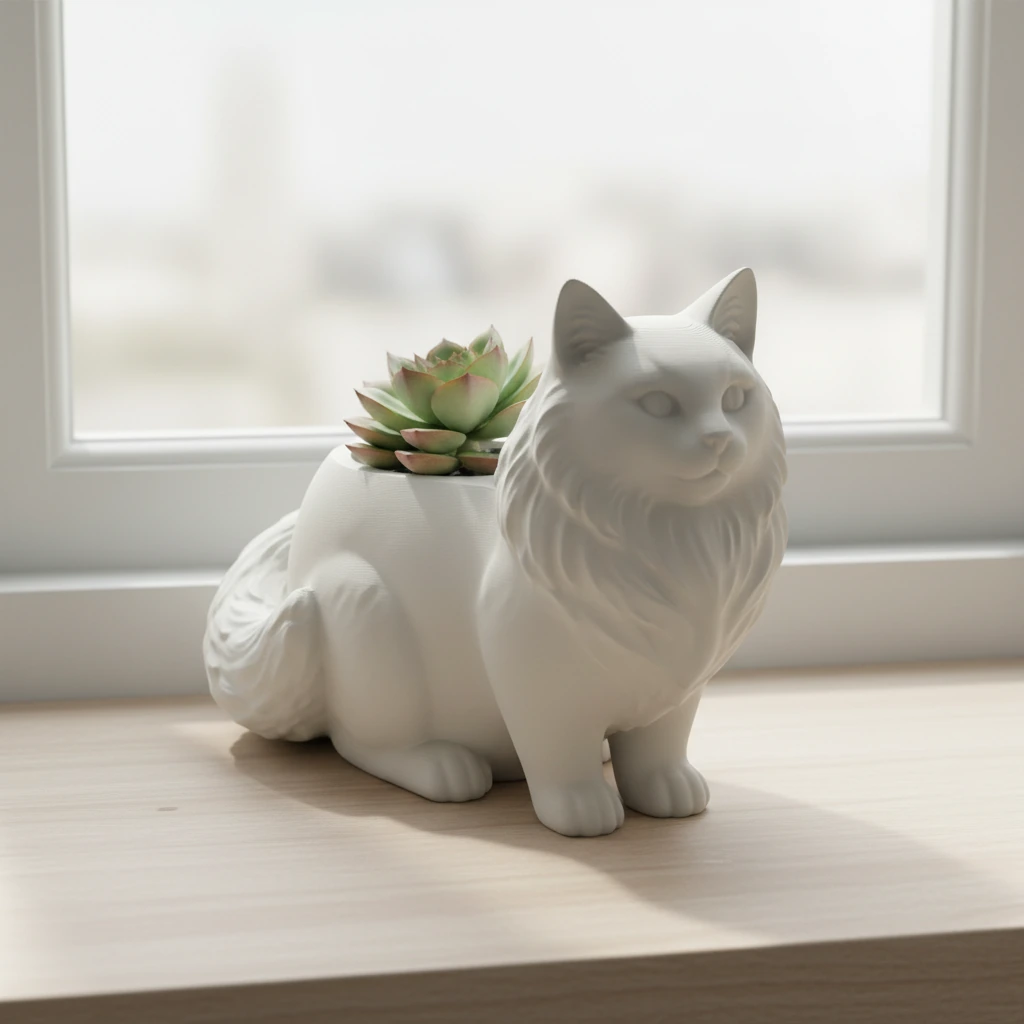 Ghiveci Decorativ Pisica Norvegiană de Pădure pentru Plante Mici - culoare Alb, produs imprimat 3D Vibecraft