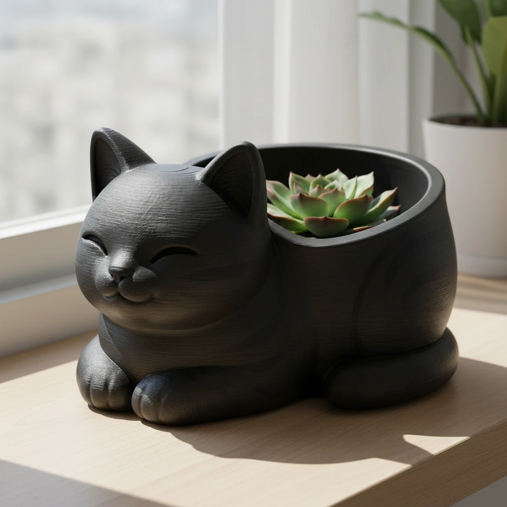 Mini Ghiveci Decorativ Forma Pisica, Suport Plante Mici Imprimat 3D - culoare Negru, produs imprimat 3D Vibecraft