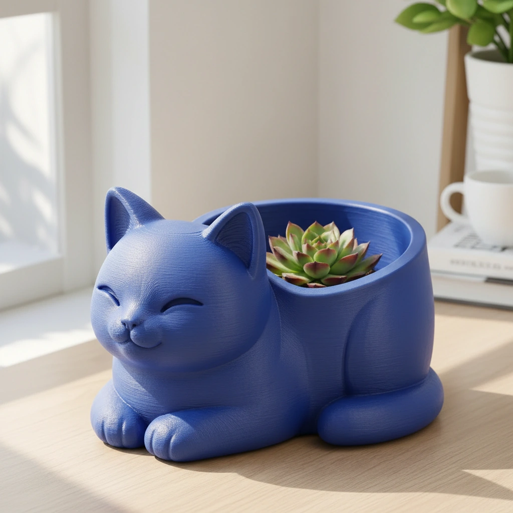 Mini Ghiveci Decorativ Forma Pisica, Suport Plante Mici Imprimat 3D - culoare Albastru, imprimare 3D Vibecraft