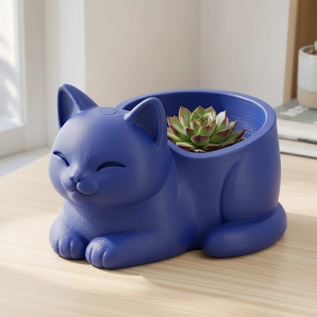 Mini Ghiveci Decorativ Forma Pisica, Suport Plante Mici Imprimat 3D - culoare Albastru, imprimare 3D Vibecraft