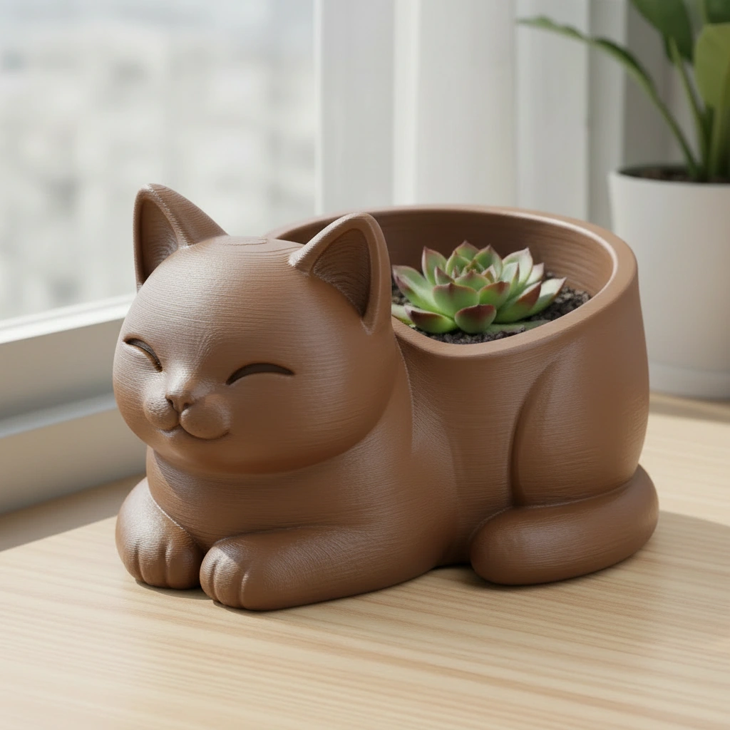 Mini Ghiveci Decorativ Forma Pisica, Suport Plante Mici Imprimat 3D - culoare Maro, imprimare 3D Vibecraft