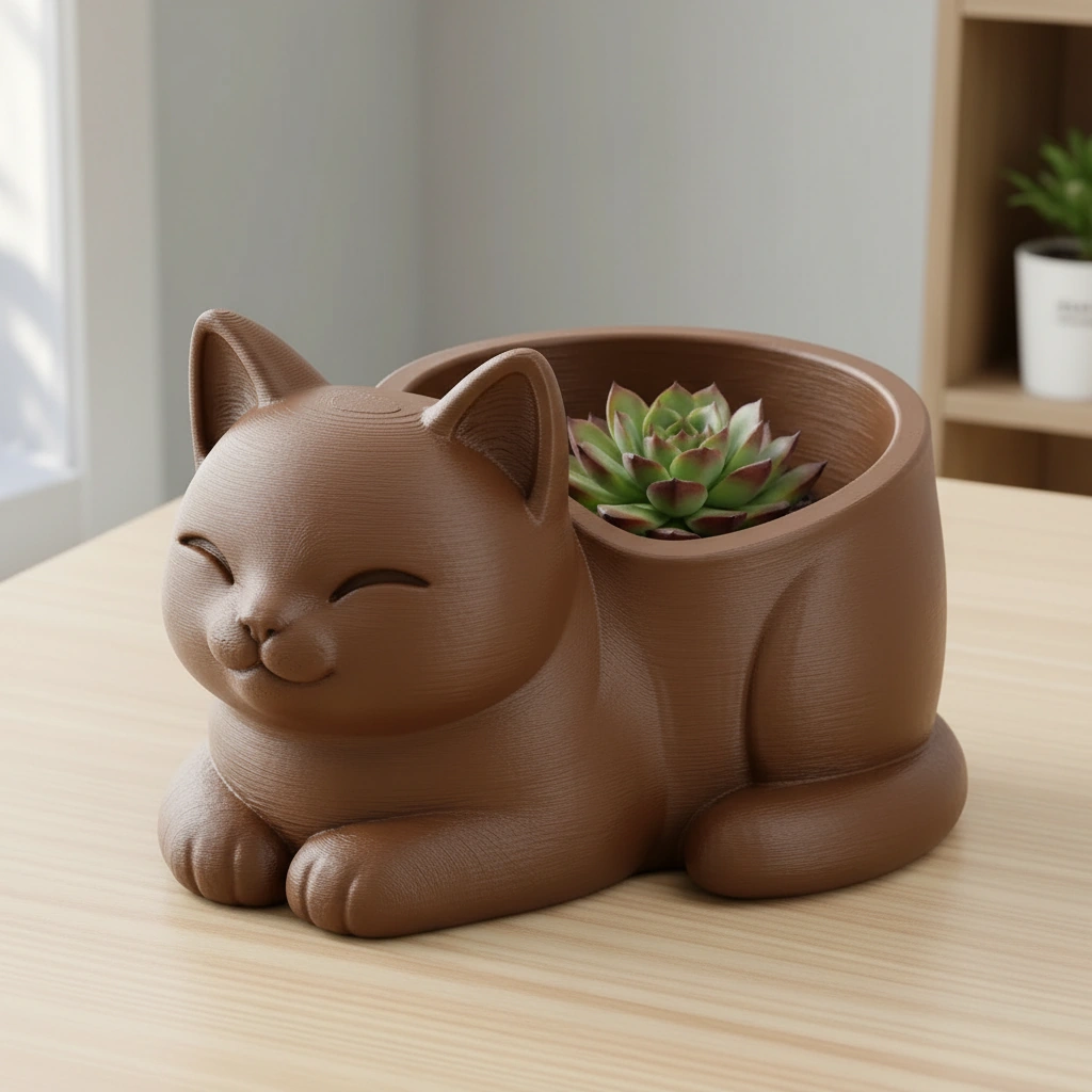 Mini Ghiveci Decorativ Forma Pisica, Suport Plante Mici Imprimat 3D - culoare Maro, imprimare 3D Vibecraft