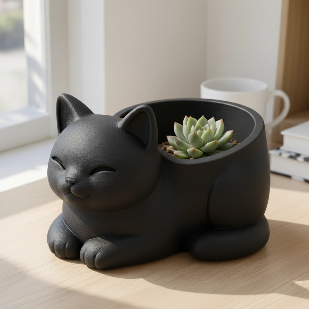 Mini Ghiveci Decorativ Forma Pisica, Suport Plante Mici Imprimat 3D - Negru compozit mat, imprimare 3D Vibecraft