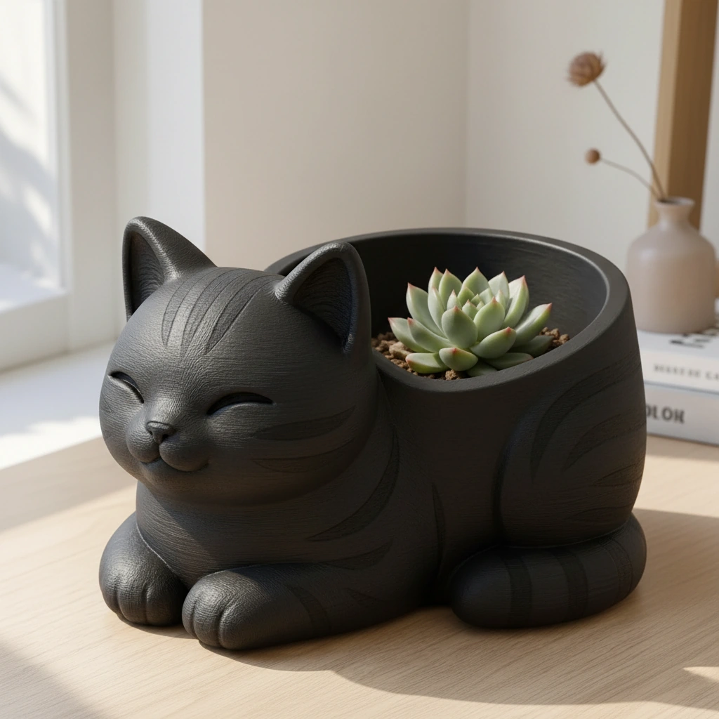 Mini Ghiveci Decorativ Forma Pisica, Suport Plante Mici Imprimat 3D - Negru compozit mat, imprimare 3D Vibecraft