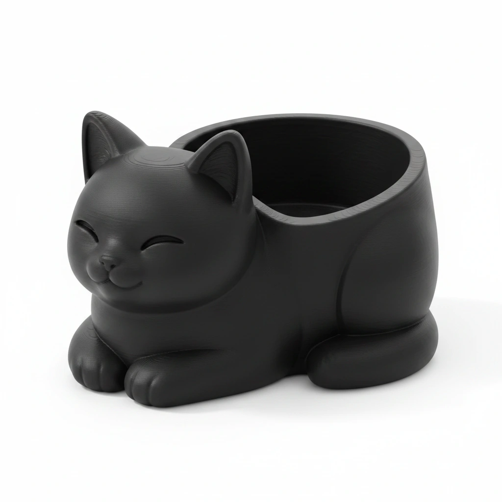 Mini Ghiveci Decorativ Forma Pisica, Suport Plante Mici Imprimat 3D - Negru compozit mat, imprimare 3D Vibecraft